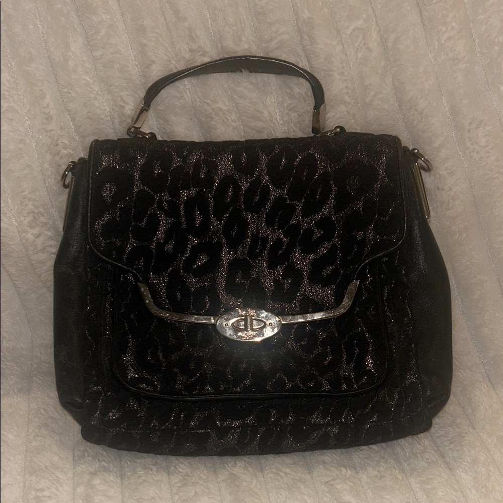 Coach Stylish Black and dark blue Leopard Print Handbag with blue satin interior